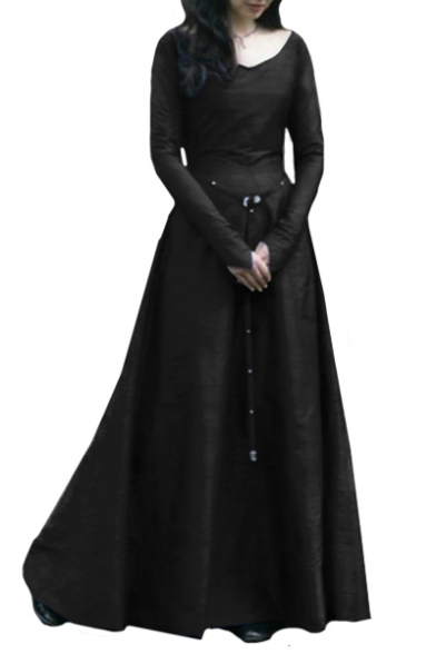 Vintage Elegant Round Neck Long Sleeve Slim Plain Maxi A-Line Dress