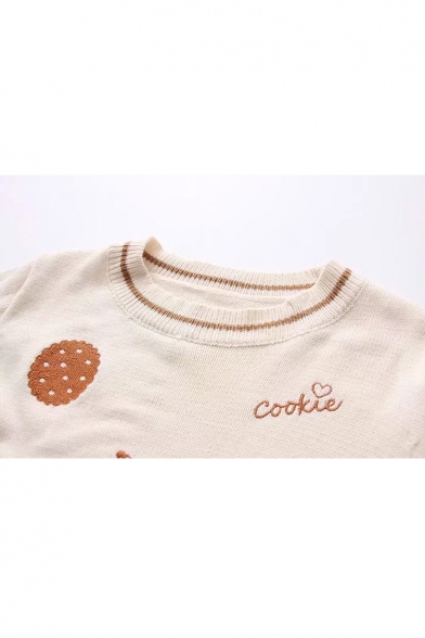 Bow Cookie Letter Embroidered Contrast Striped Trim Round Neck Long Sleeve Sweater