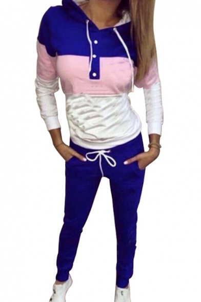 Color Block Button Front Embellished Long Sleeve Slim Hoodie with Drawstring Waist Slim Pants Co-ords