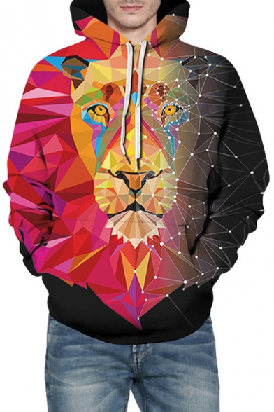 Color Block Geometric Lion Print Long Sleeve Unisex Hoodie