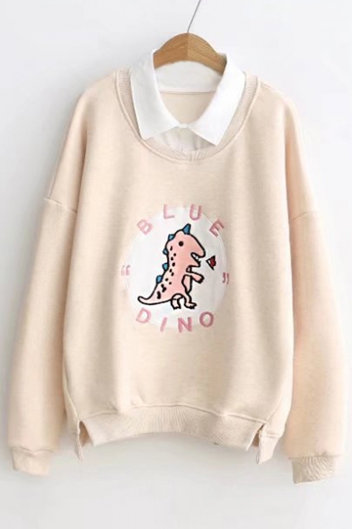 Contrast Lapel Collar Letter Dinosaur Embroidered Fake Two Pieces Sweatshirt