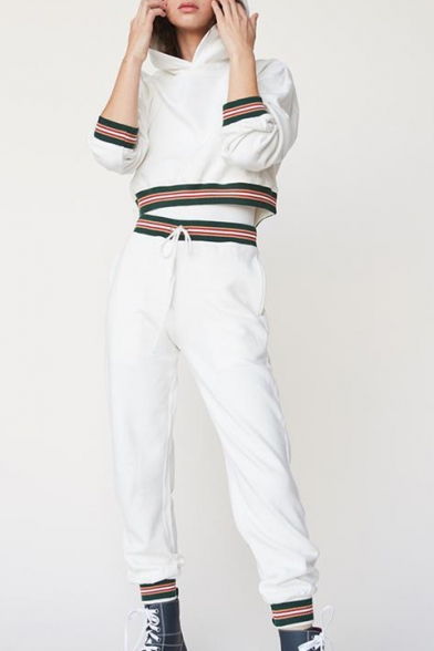 Contrast Striped Rib Knit Trim Cropped Hoodie with Drawstring Waist Leisure Pants Co-ords