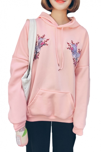Crane Floral Embroidered Long Sleeve Casual Hoodie