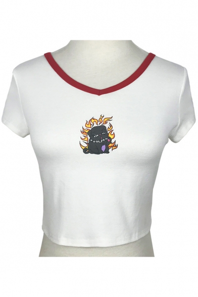 Fire Dog Printed Contrast Round Neck Short Sleeve Crop Tee