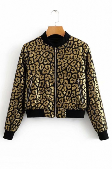 Leopard Printed Stand Up Collar Long Sleeve Zip Closure Jacket