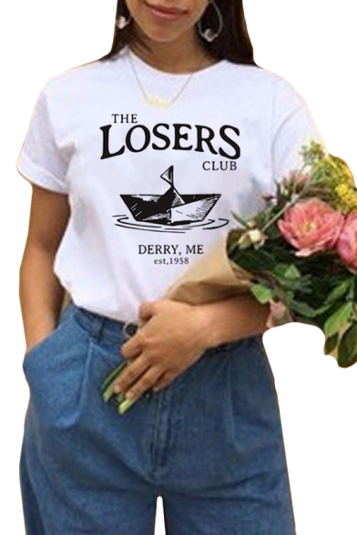 LOSERS Letter Sailboat Print Short Sleeve Round Neck T-Shirt