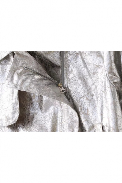 Metal Color Cracked Leather Notched Lapel Collar Long Sleeve Crop Jacket