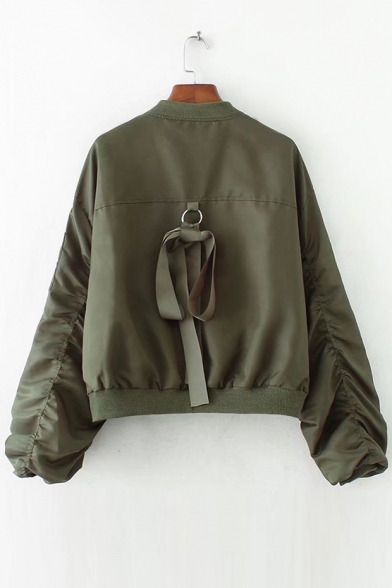 Plain Stand Up Collar Gather Detail Long Sleeve Zip Up Straps Embellished Cropped Bomber Jacket