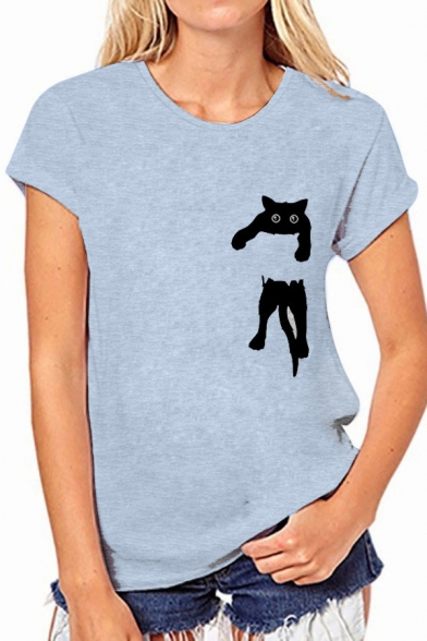 Pocket Cat Print Round Neck Short Sleeve T-Shirt