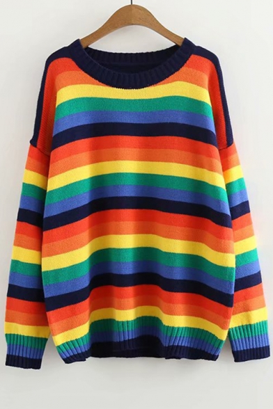 Rainbow Striped Round Neck Long Sleeve Loose Sweater