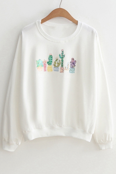 Sequined Cactus Letter Printed Round Neck Long Sleeve Sweatshirt