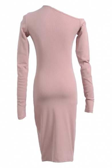 Sexy Round Neck Button Front Ribbed Long Sleeve Plain Mini Bodycon Dress