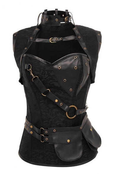 Stand Up Collar Leather Patchwork Lace Insert Slim Corset