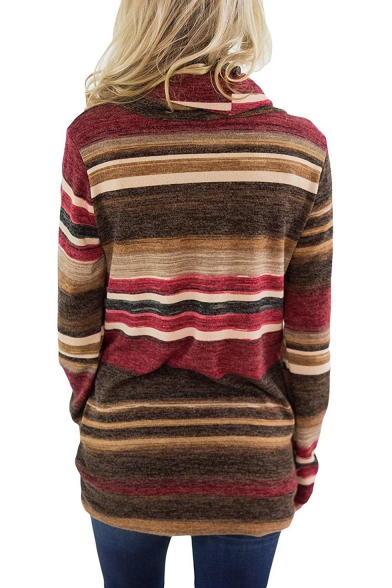 Striped High Neck Long Sleeve Casual T-Shirt