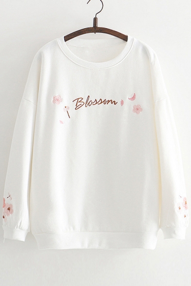 BLOSSOM Letter Floral Embroidered Round Neck Long Sleeve Sweatshirt