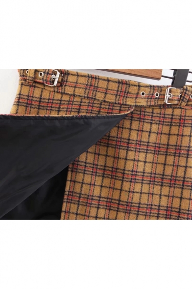 Buckle Straps Waist Plaid Printed Split Front Mini A-Line Skirt