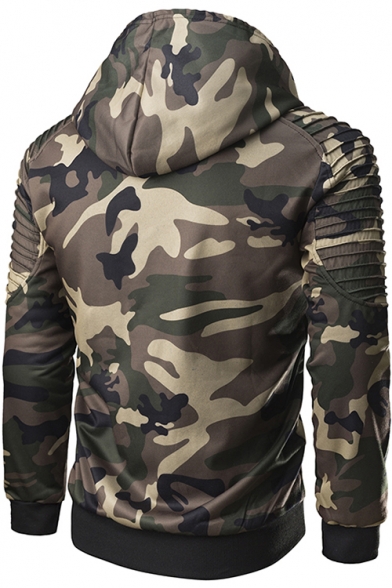 Camouflage Print Ribbed Detail Patch Long Sleeve Hoodie