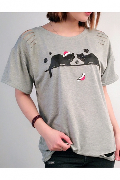 Cat Paw Printed Cut Out Detail Round Neck Short Sleeve Tee