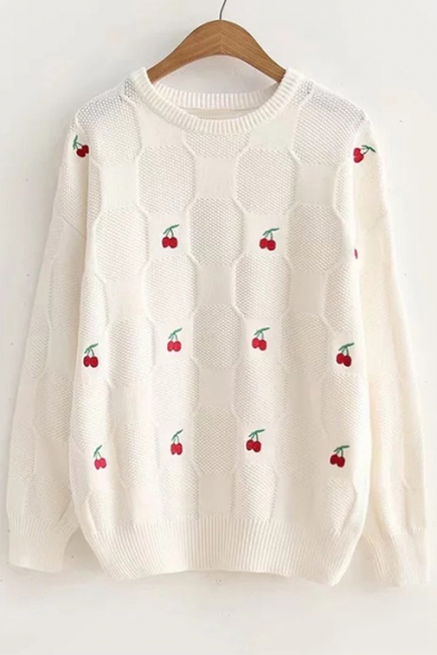Cherry Embroidered Round Neck Long Sleeve Leisure Sweater