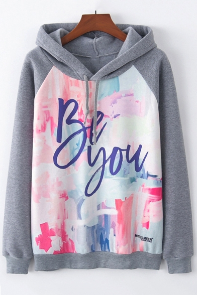 

Chic BE YOU Letter Graphic Print Color Block Raglan Sleeve Hoodie, LC486651