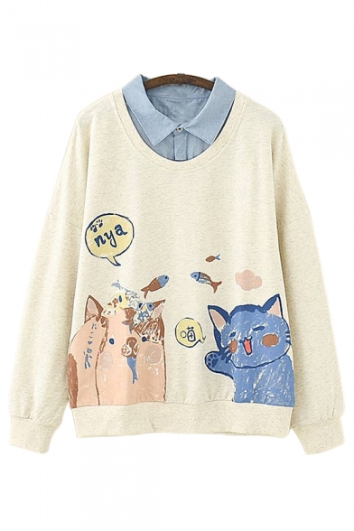Contrast Lapel Collar Cat Letter Printed Long Sleeve Fake Two Pieces Sweatshirt