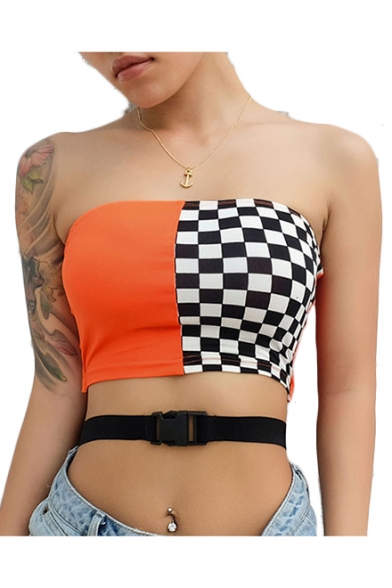 Contrast Plaid Printed Chic Crisscross Buckle Straps Embellished Cropped Bandeau