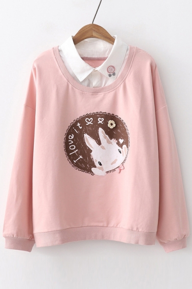 Fake Two Pieces Lapel Collar Letter Rabbit Printed Long Sleeve Sweatshirt
