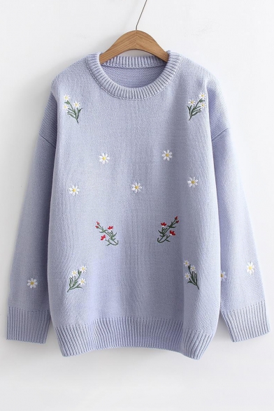 Floral Embroidered Rib Knit Trim Round Neck Long Sleeve Sweater