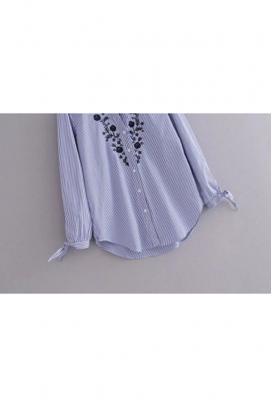 Floral Embroidered V Neck Striped Button Placket Long Sleeve Shirt