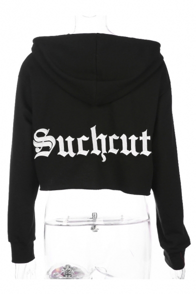 Letter Embroidered Back Long Sleeve Cropped Hoodie