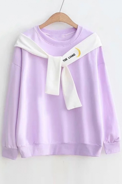 Letter Moon Embroidered Contrast Knotted Front Round Neck Long Sleeve Casual Sweatshirt