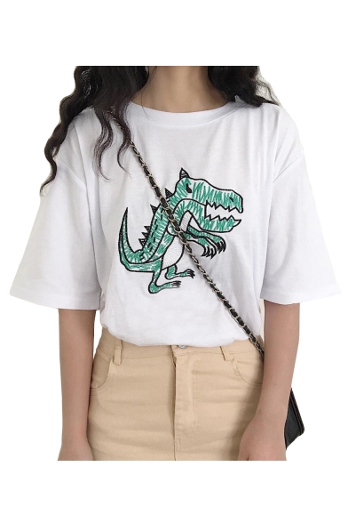 Lovely Dinosaur Embroidered Round Neck Short Sleeve T-Shirt