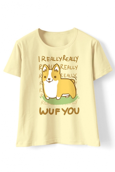 Lovely WUF YOU Letter Dog Printed Round Neck Short Sleeve T-Shirt