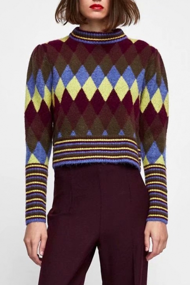 

Mock Color Block Geometric Long Sleeve Cropped Sweater