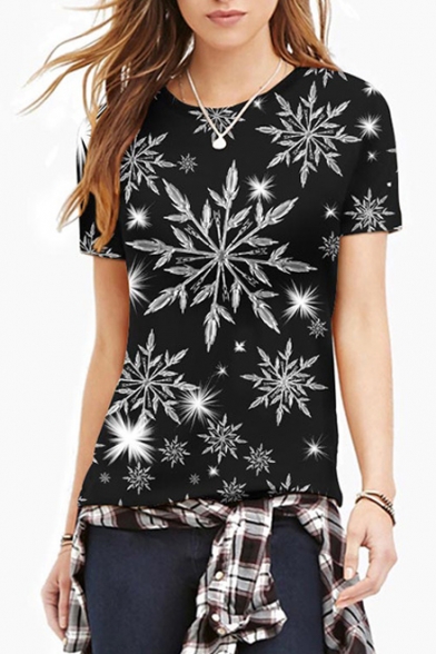 Snowflake All Over Printed Round Neck Short Sleeve T-Shirt