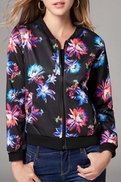 Stand Up Collar Long Sleeve Floral Printed Zip Up Jacket