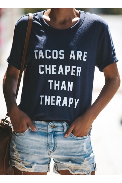 TACOS Letter Printed Round Neck Short Sleeve T-Shirt