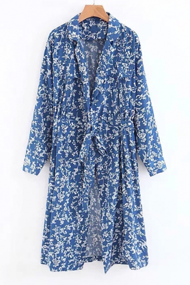 Tie Front Notched Lapel Collar Floral Printed Long Sleeve Tunic Coat