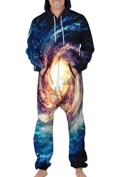Universe Galaxy Printed Long Sleeve Hooded Jumpsuit