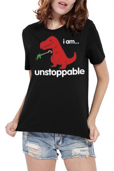 UNSTOPPABLE Letter Dinosaur Print Round Neck Short Sleeve T-Shirt