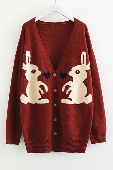 V Neck Rabbit Heart Jacquard Long Sleeve Button Placket Tunic Cardigan