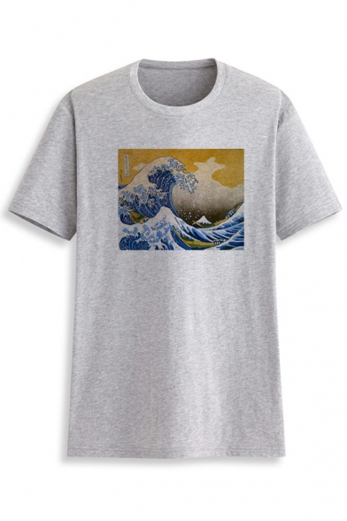 Wave Printed Round Neck Short Sleeve Casual T-Shirt