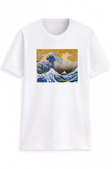 Wave Printed Round Neck Short Sleeve Casual T-Shirt