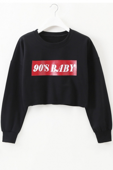 90'S BABY Letter Print Round Neck Long Sleeve Cropped Sweatshirt