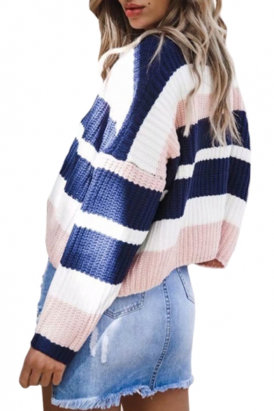 Chic Color Block Round Neck Dropped Shoulders Long Sleeve Loose Sweater