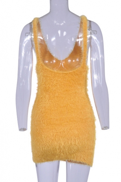 Chic V Neck Sleeveless Plan Mohair Mini Bodycon Dress