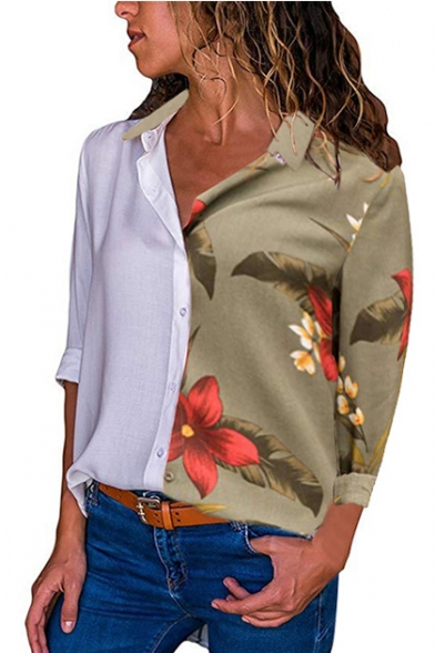 Contrast Floral Print Lapel Collar Button Closure Long Sleeve Shirt