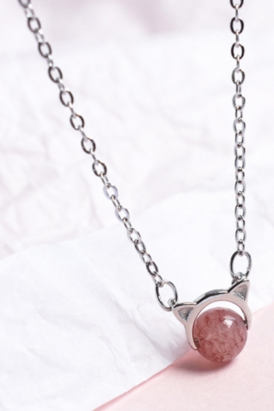 Cute Cat Pattern Crystal Detail Sliver Chain Necklace