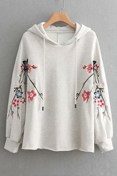 Drawstring Waist Floral Embroidered Long Sleeve Leisure Hoodie