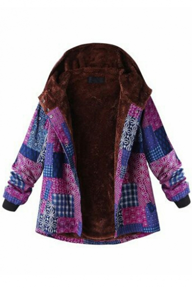 Folk Style Floral Print Long Sleeve Button Front Hooded Coat